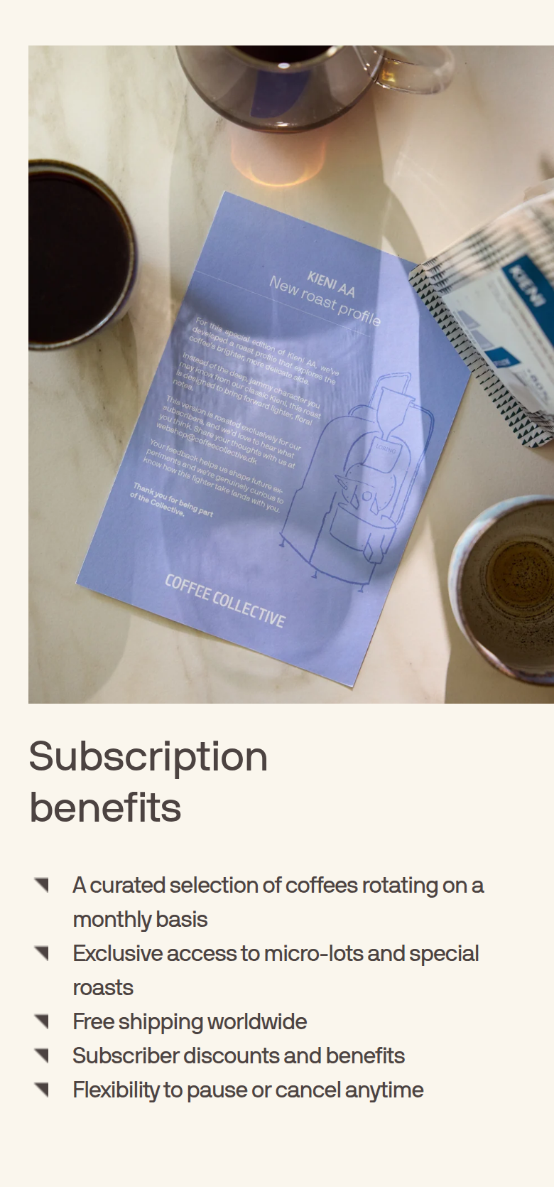 Subscription Benefits section from Coffee Collective, on a phone