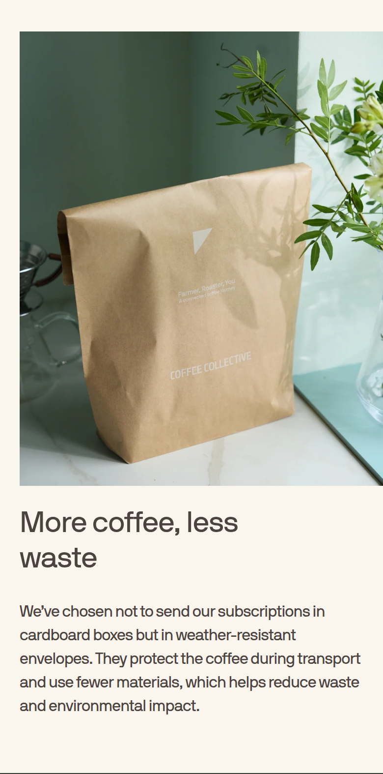 More Coffee, Less Waste section from Coffee Collective, on a phone