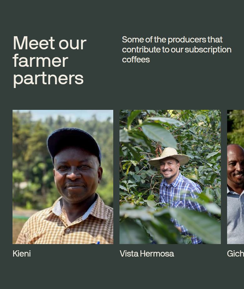Meet Our Farmer Partners section from Coffee Collective, on a phone