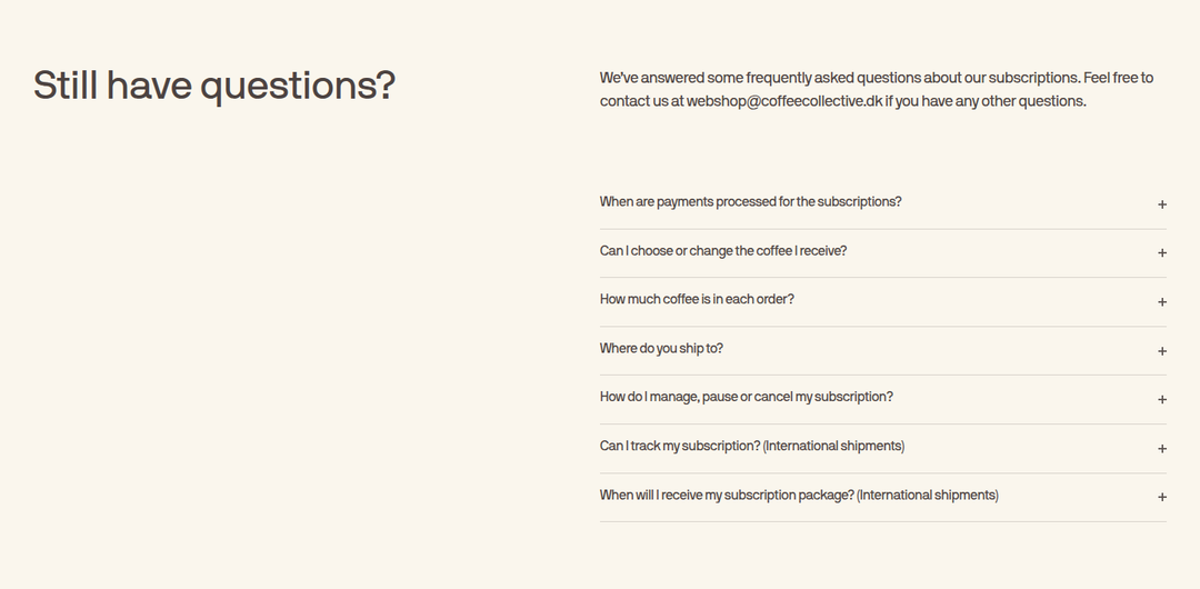 Still Have Questions? section from Coffee Collective