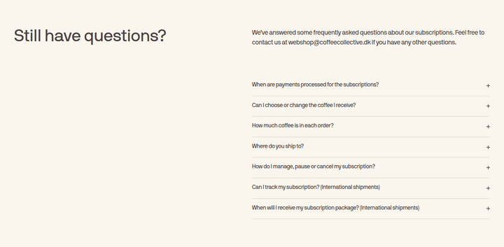 Still Have Questions? section from Coffee Collective