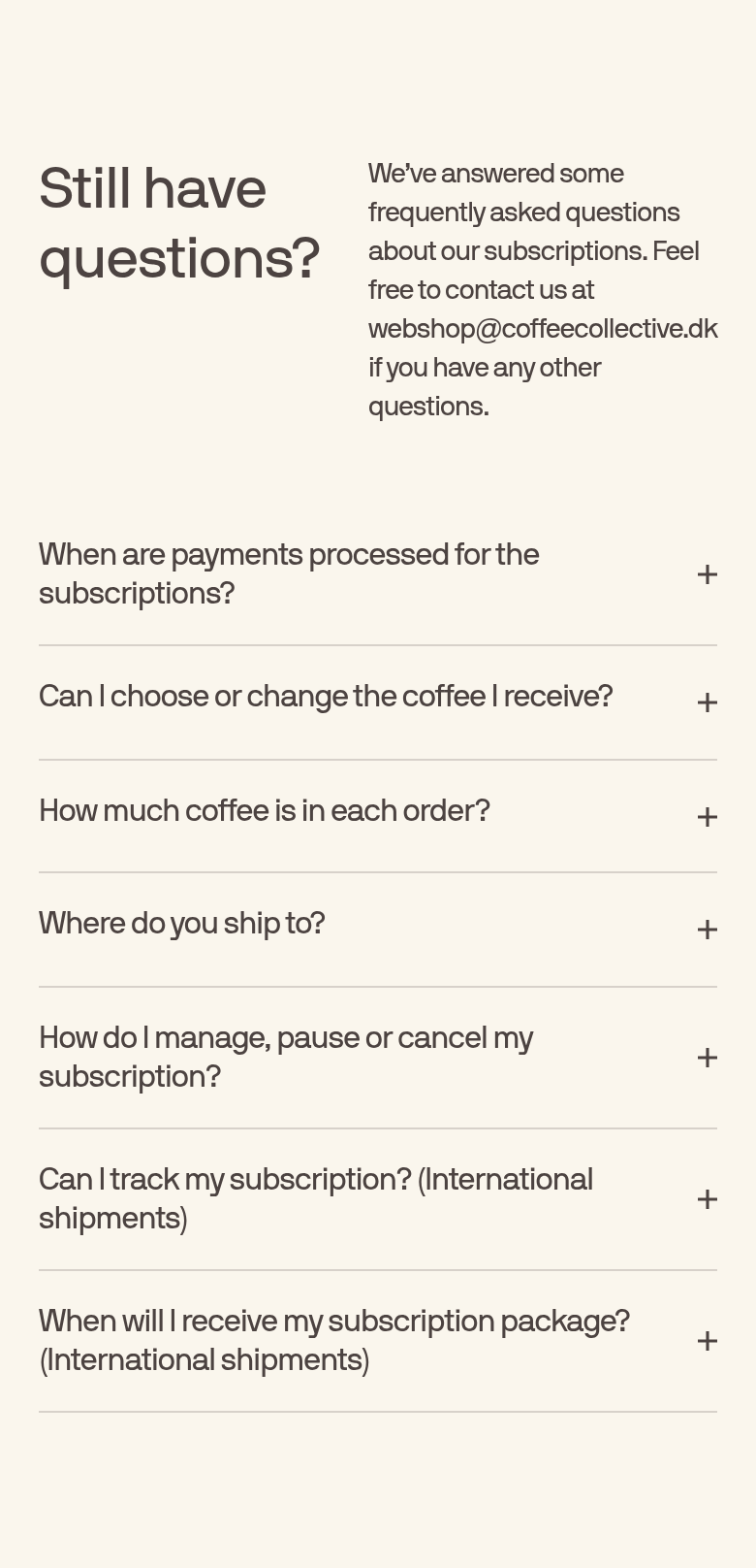 Still Have Questions? section from Coffee Collective, on a phone