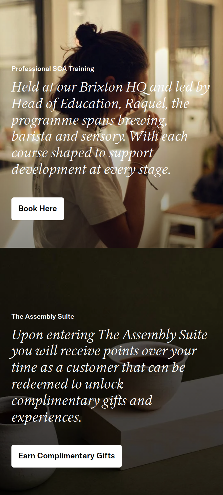 SCA Training and The Assembly Suite section from Assembly Coffee, on a phone