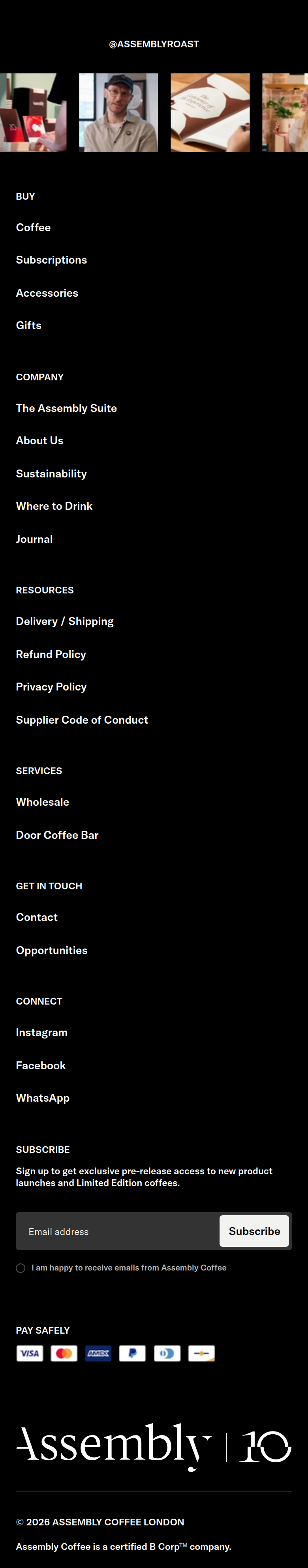 Footer section from Assembly Coffee, on a phone