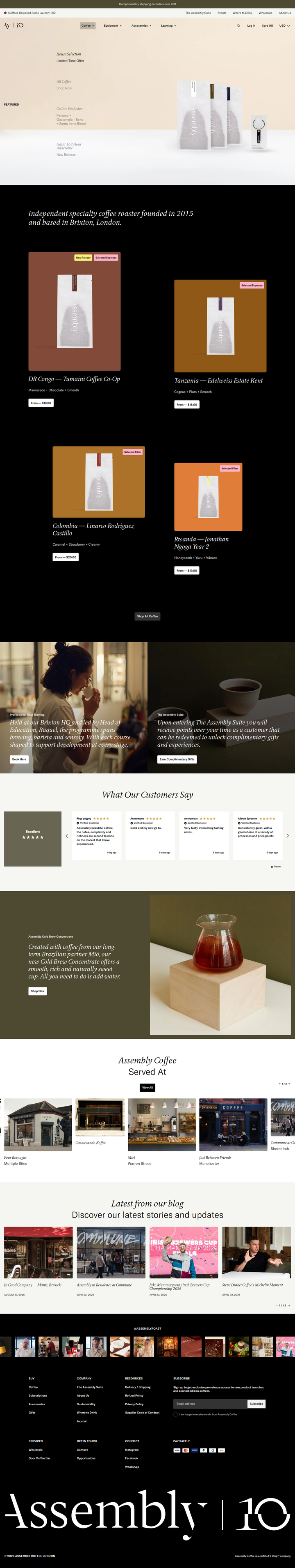 Home page from Assembly Coffee