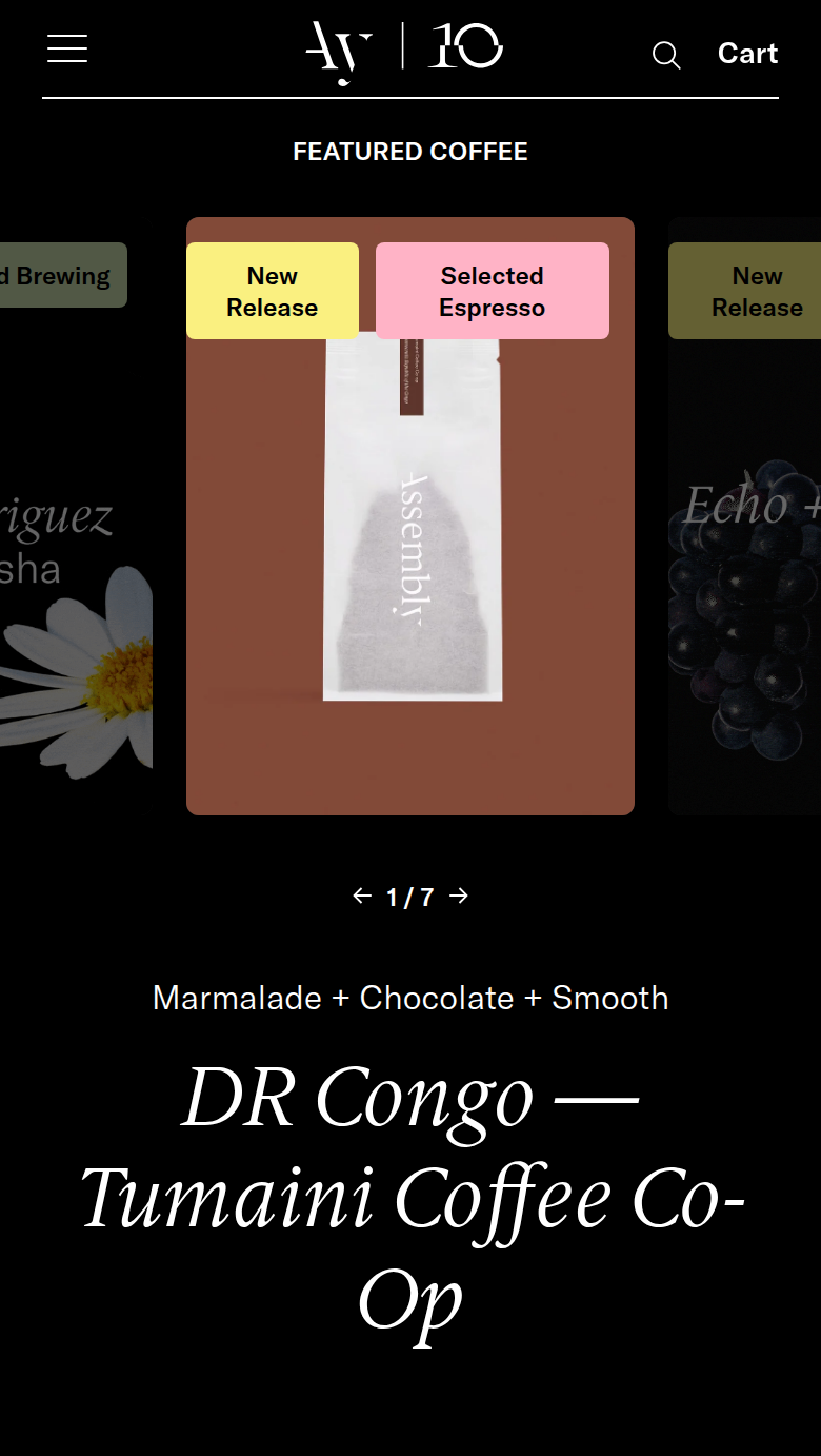 Featured Coffee section from Assembly Coffee, on a phone