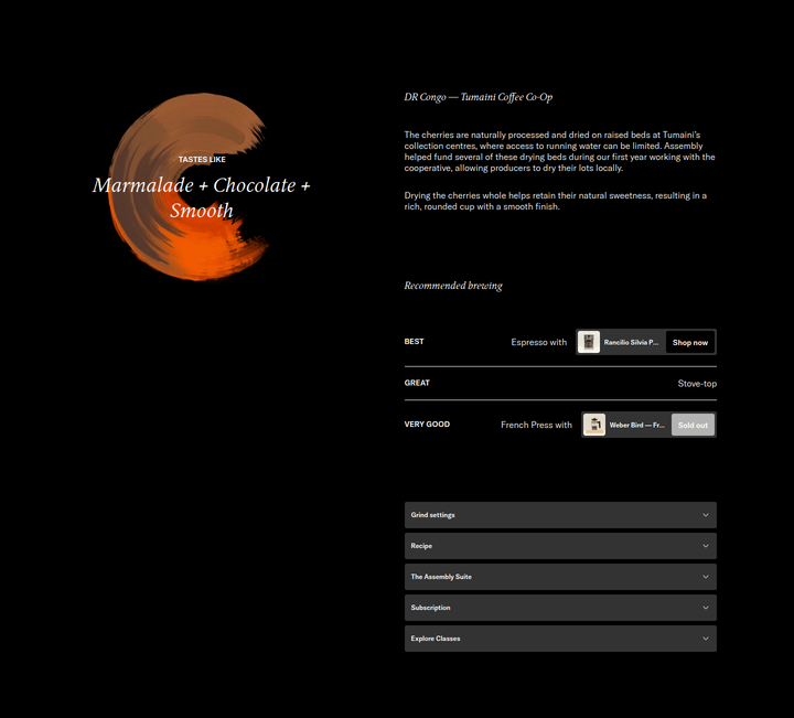 Tasting Notes and Recommended Brewing section from Assembly Coffee