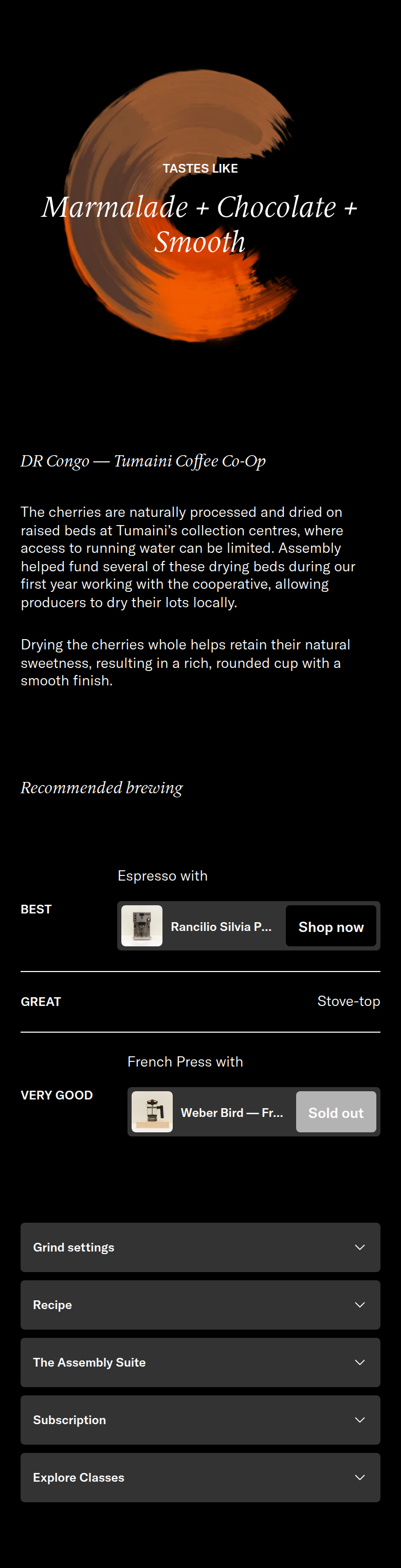 Tasting Notes and Recommended Brewing section from Assembly Coffee, on a phone