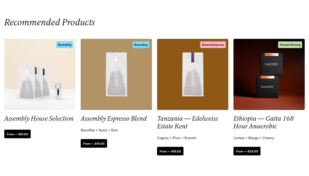 Recommended Products section from Assembly Coffee