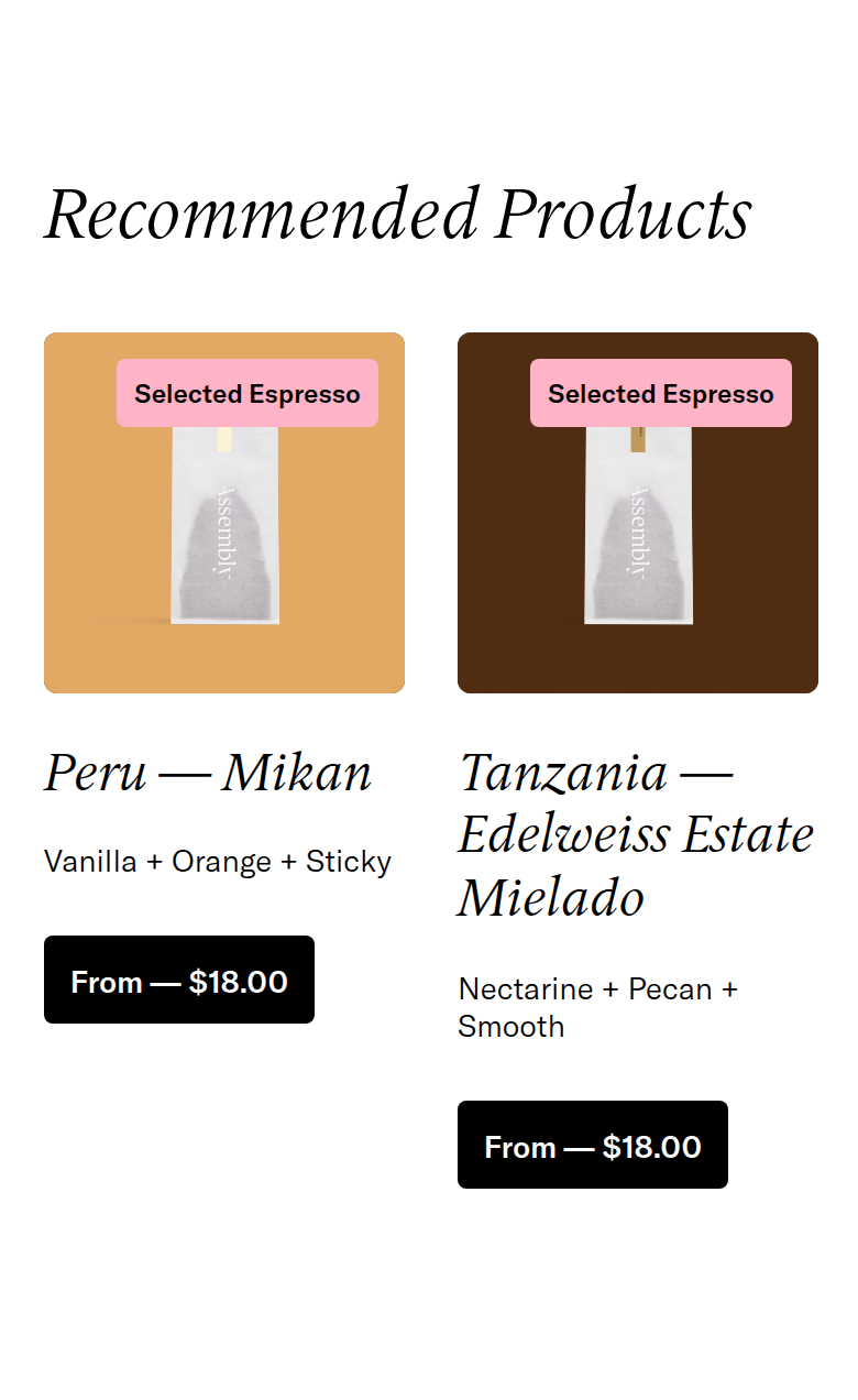 Recommended Products section from Assembly Coffee, on a phone