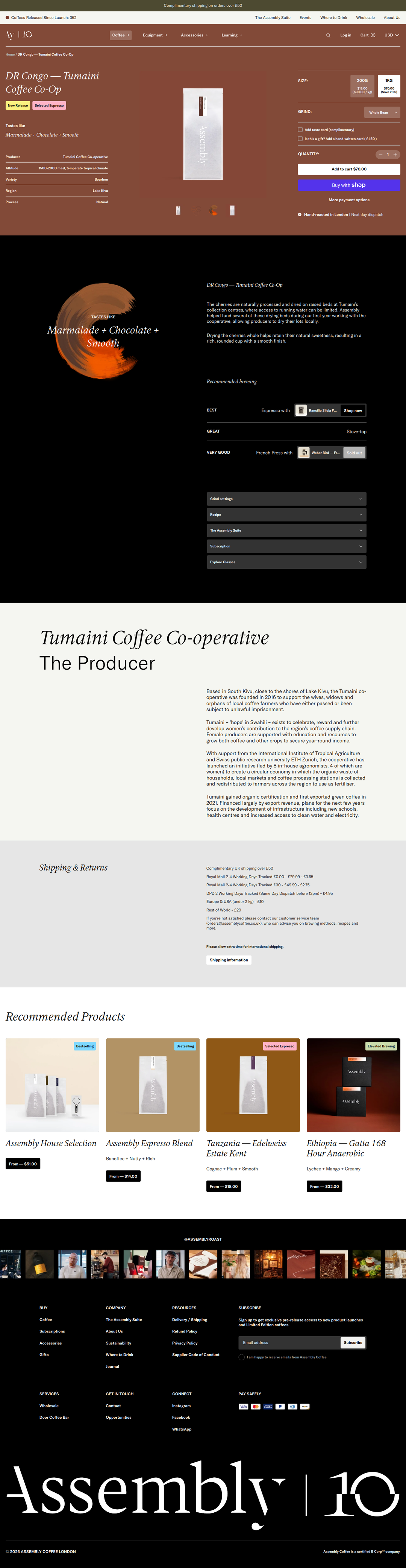 DR Congo Tumaini Coffee Co-Op page of Assembly Coffee