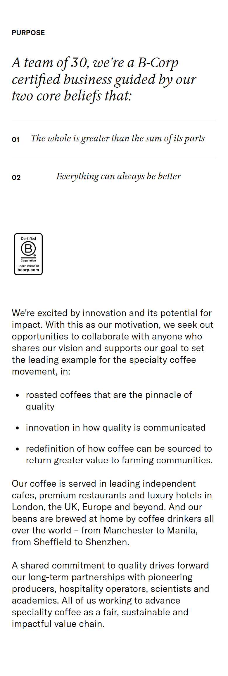 Guided by Two Core Beliefs section from Assembly Coffee, on a phone