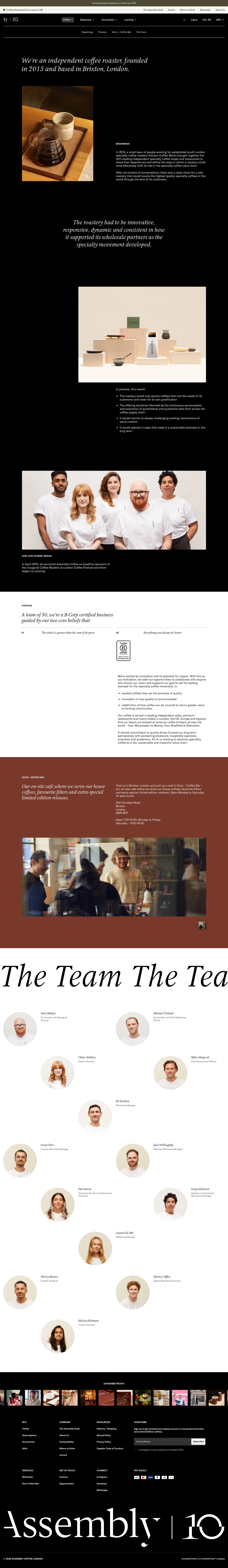 About Us page of Assembly Coffee