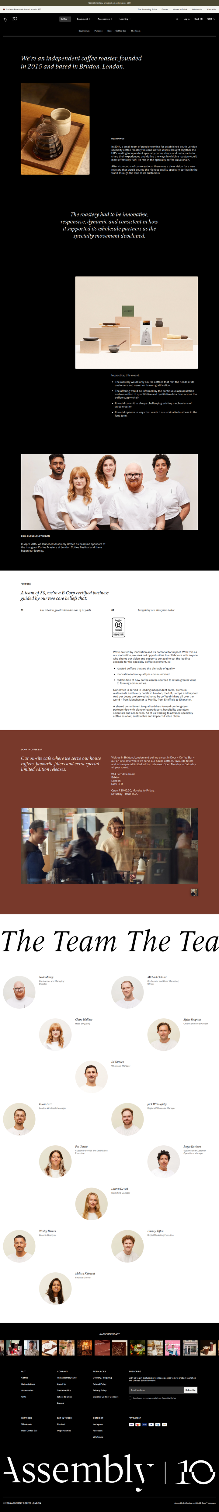 About Us page from Assembly Coffee