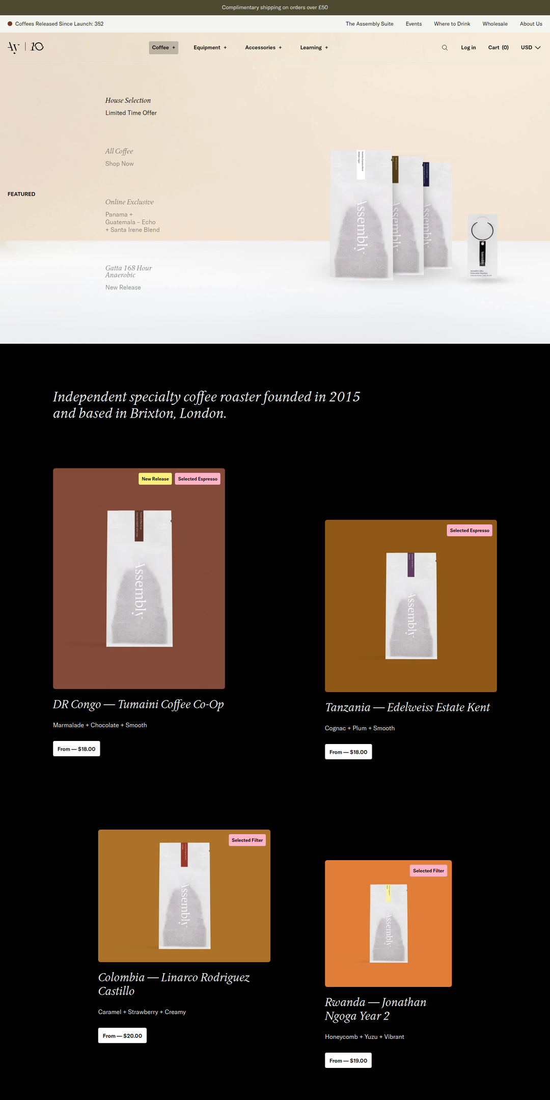 Home page of the Assembly Coffee website