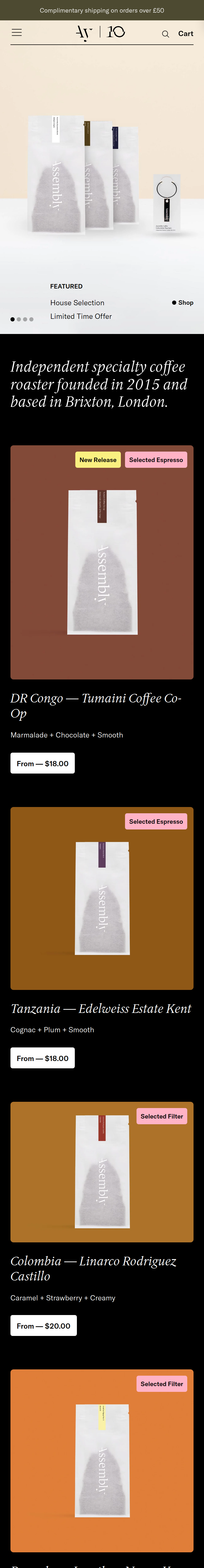 Home page of the Assembly Coffee website, on a phone