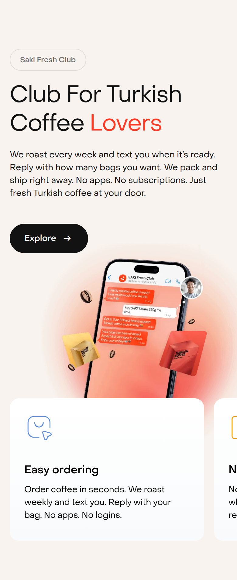 Club for Turkish Coffee Lovers section from Saki, on a phone