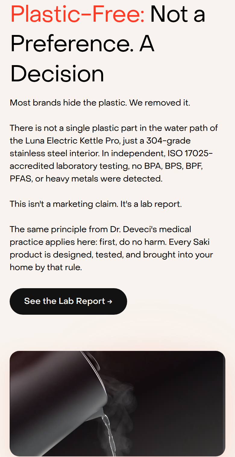 Plastic-Free: Not a Preference. A Decision section from Saki, on a phone