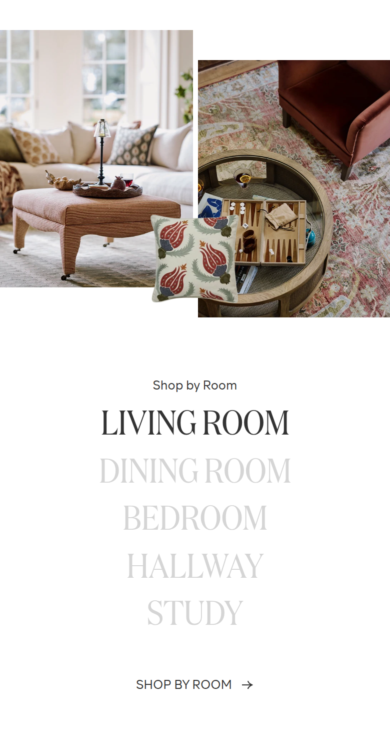 Shop by Room section from OKA, on a phone