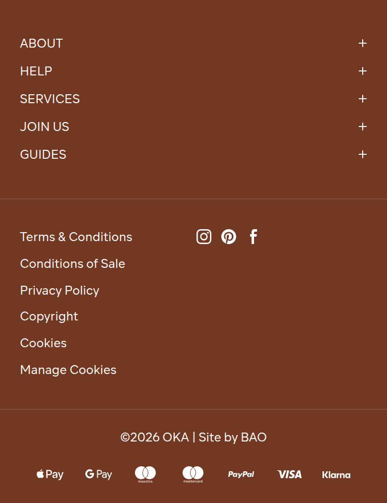 Footer section from OKA, on a phone
