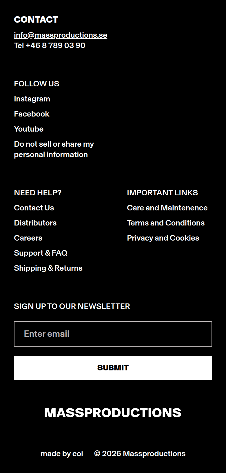 Sign Up to Our Newsletter section from Massproductions, on a phone