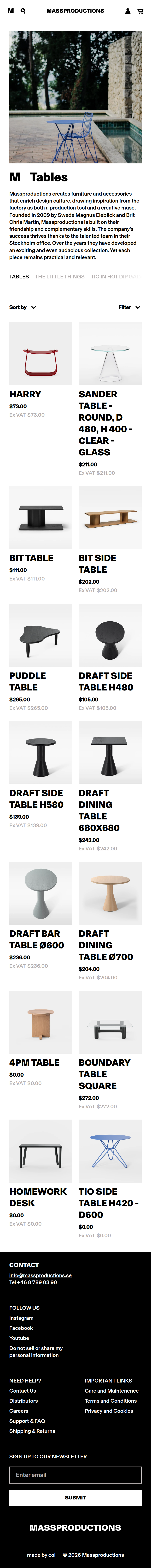 Tables page of Massproductions, on a phone