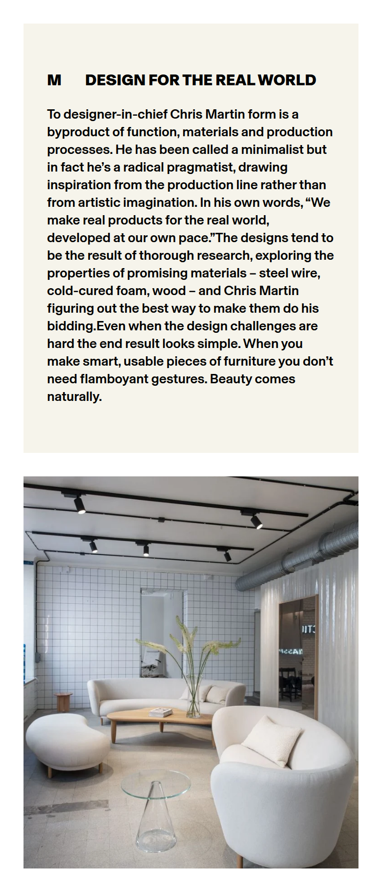 Design for the Real World section from Massproductions, on a phone