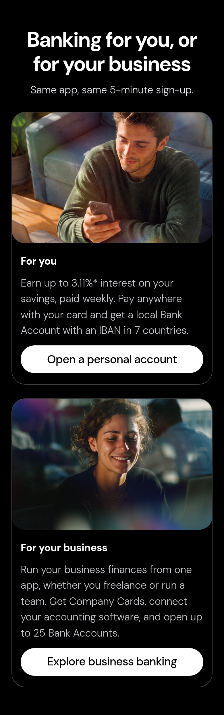 Banking for You, or for Your Business section from bunq, on a phone