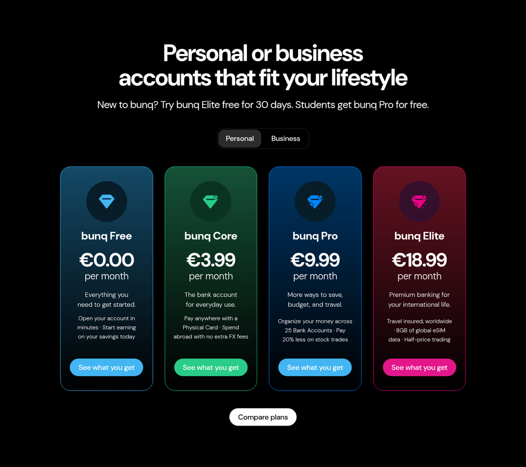 Personal or Business Accounts That Fit Your Lifestyle section from bunq