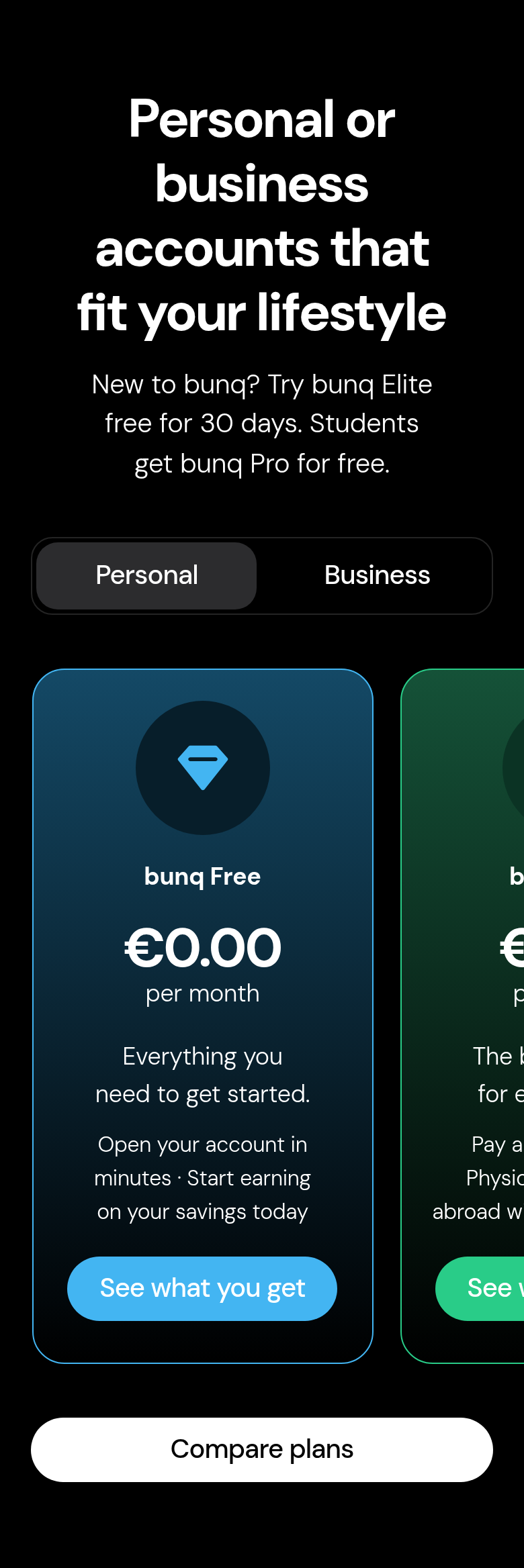 Personal or Business Accounts That Fit Your Lifestyle section from bunq, on a phone