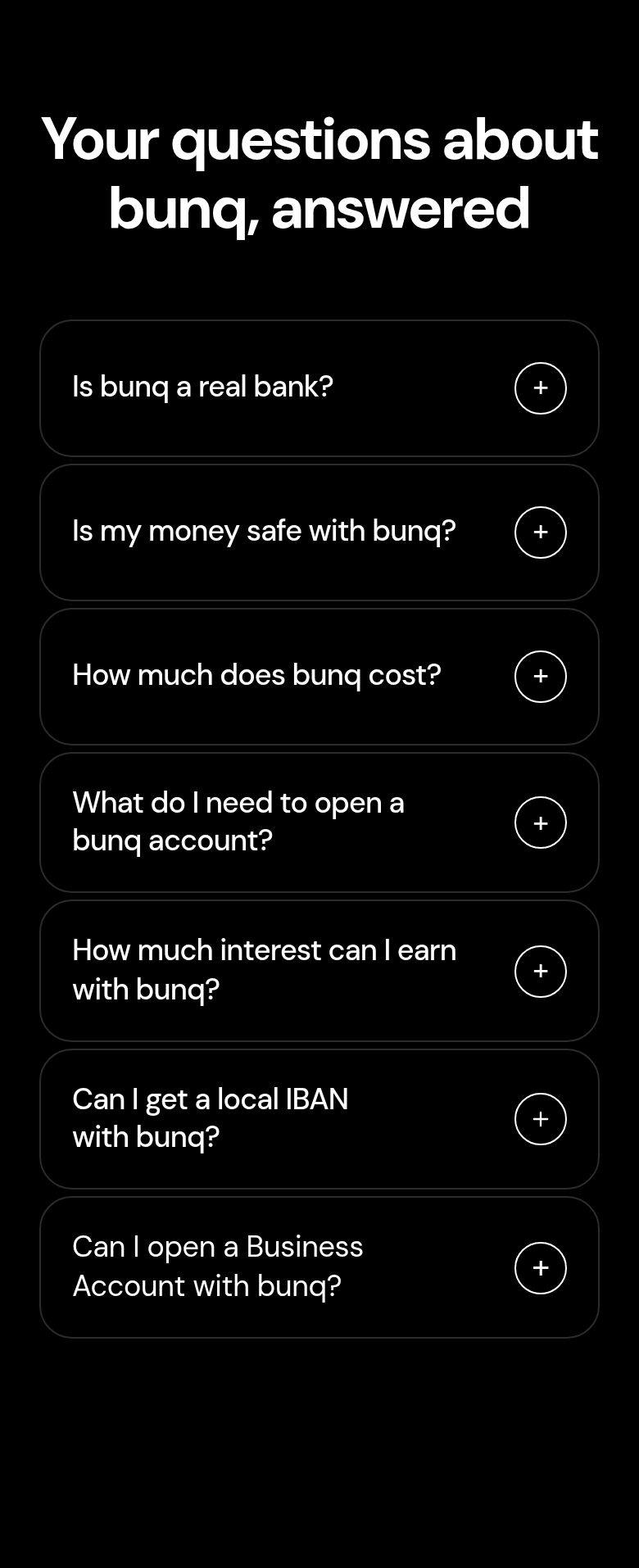 Your Questions About bunq, Answered section from bunq, on a phone
