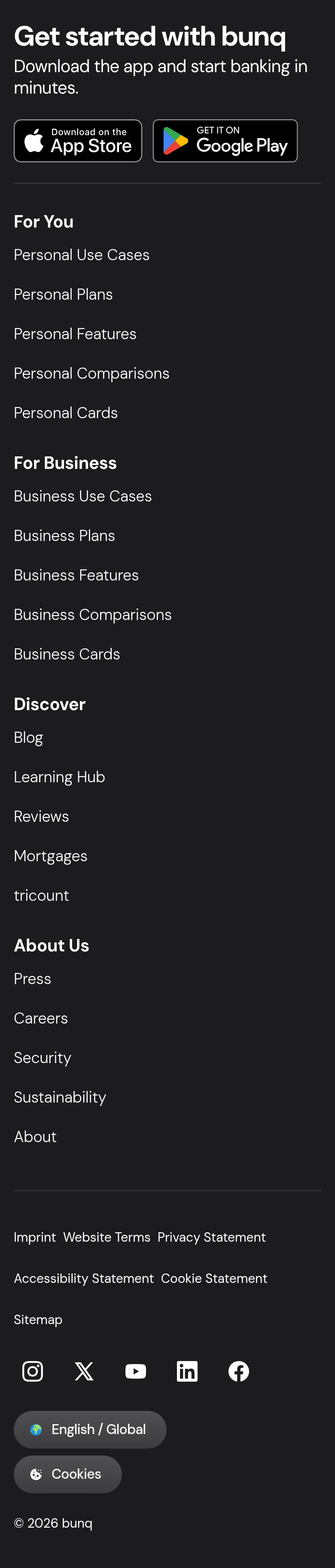 Footer section from bunq, on a phone