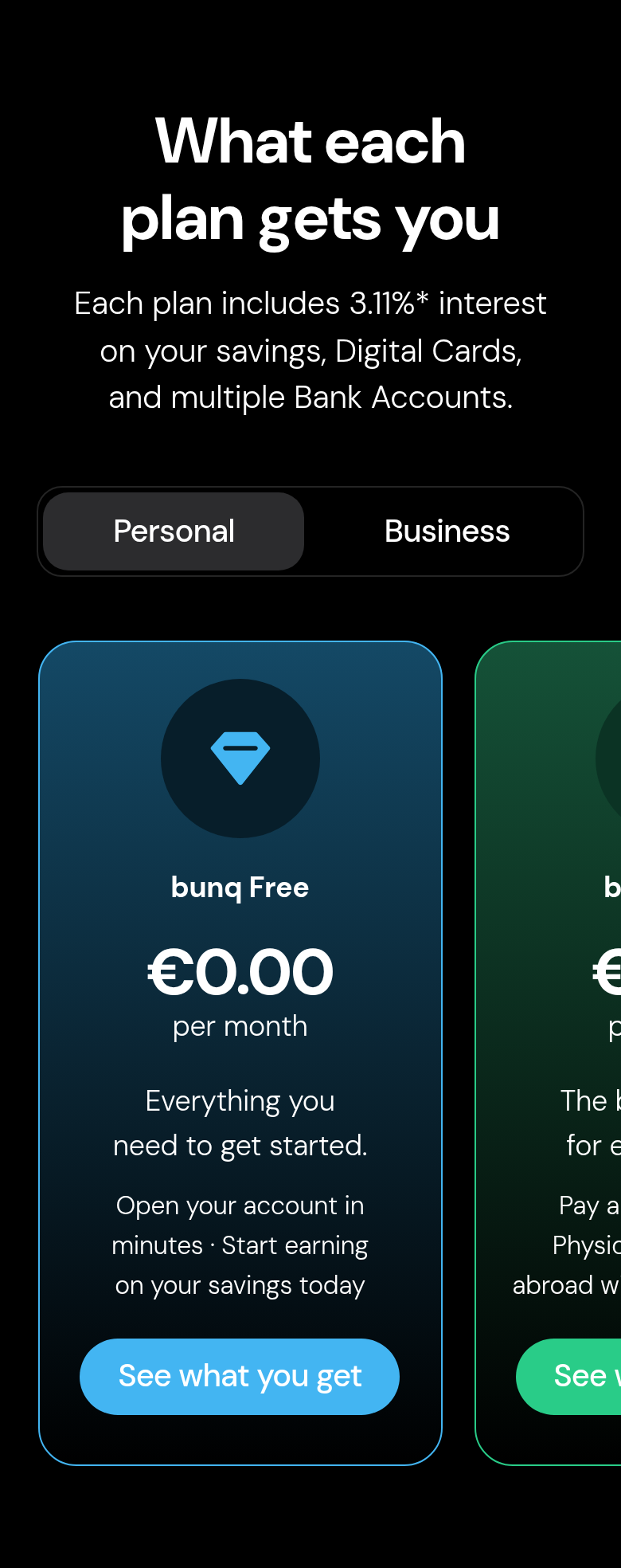 What Each Plan Gets You section from bunq, on a phone
