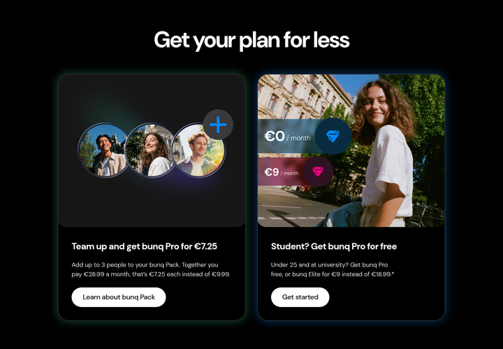 Get Your Plan for Less section from bunq