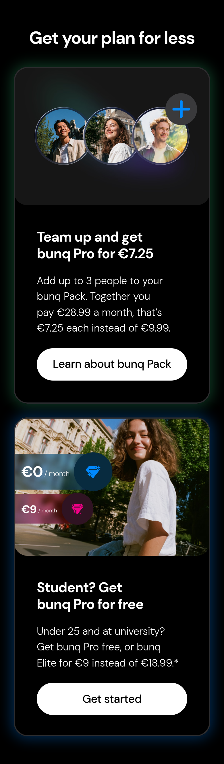 Get Your Plan for Less section from bunq, on a phone
