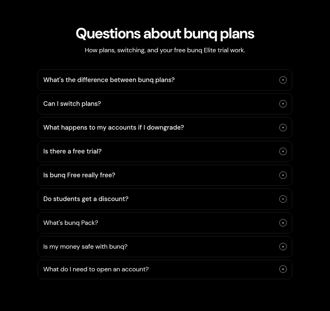 Questions About bunq Plans section from bunq