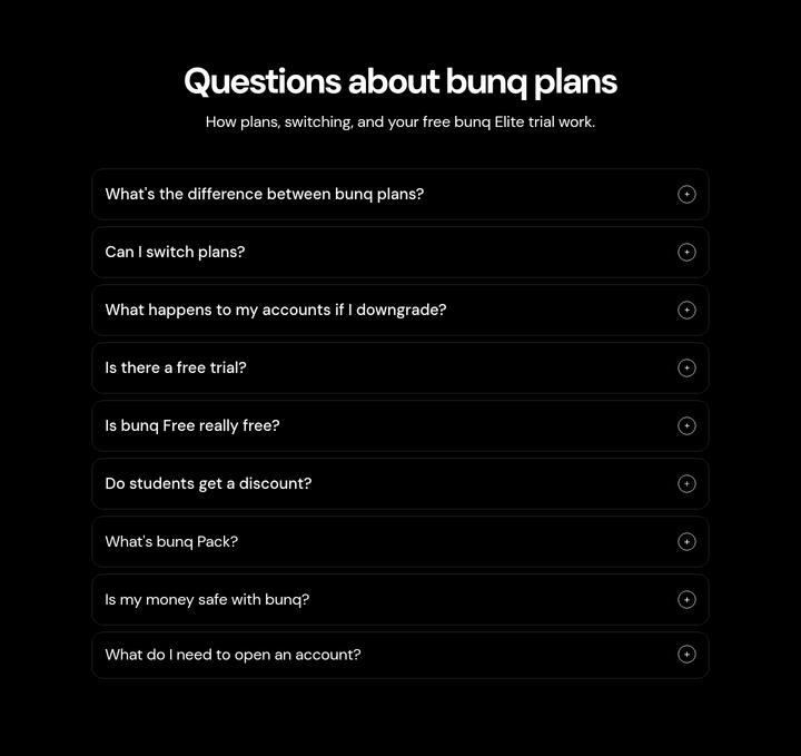 Questions About bunq Plans section from bunq