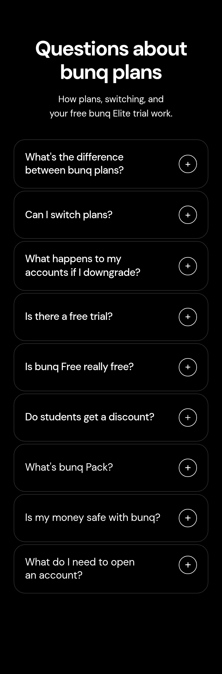 Questions About bunq Plans section from bunq, on a phone