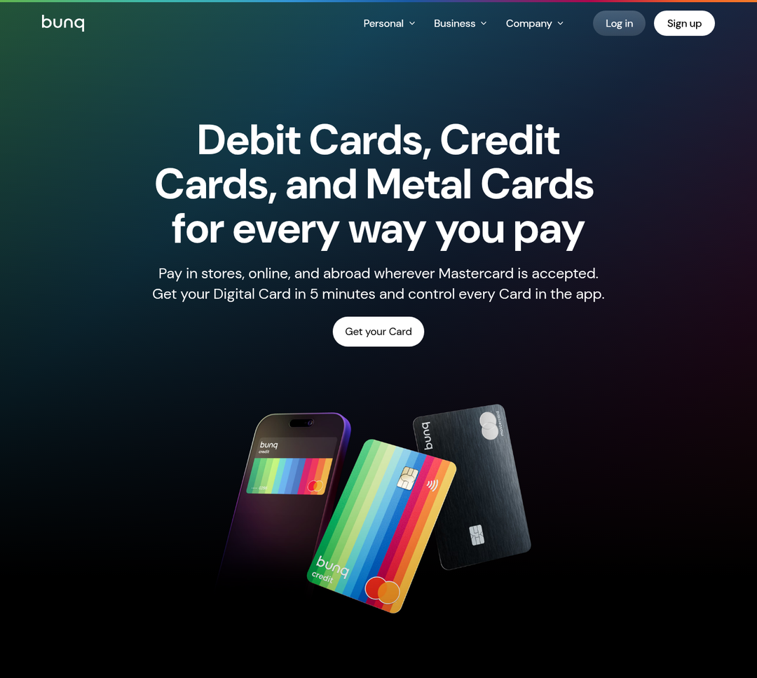 Debit Cards, Credit Cards, and Metal Cards section from bunq