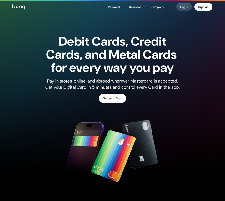 Debit Cards, Credit Cards, and Metal Cards section from bunq