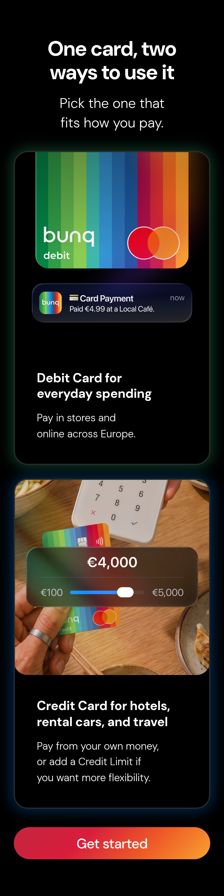 One Card, Two Ways to Use It section from bunq, on a phone