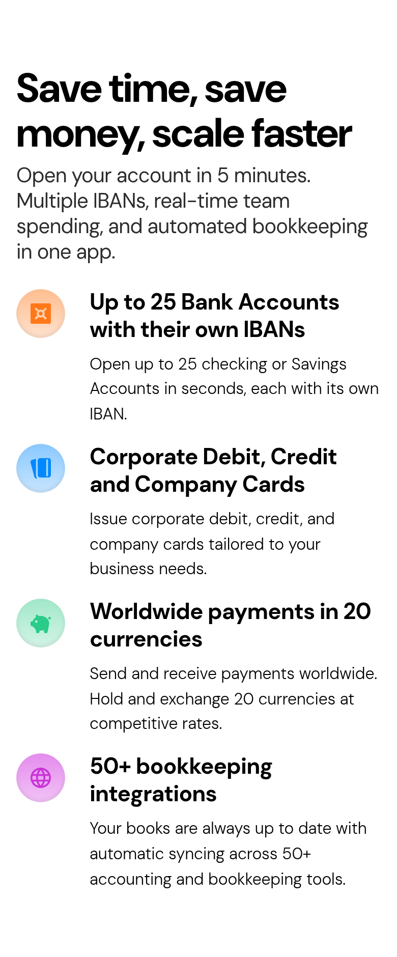 Save Time, Save Money, Scale Faster section from bunq, on a phone