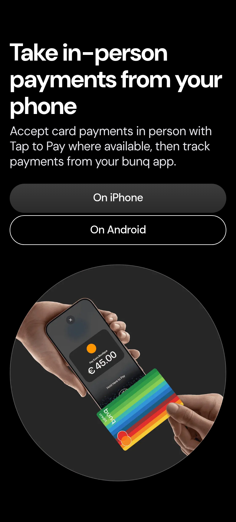 Take In-Person Payments from Your Phone section from bunq, on a phone