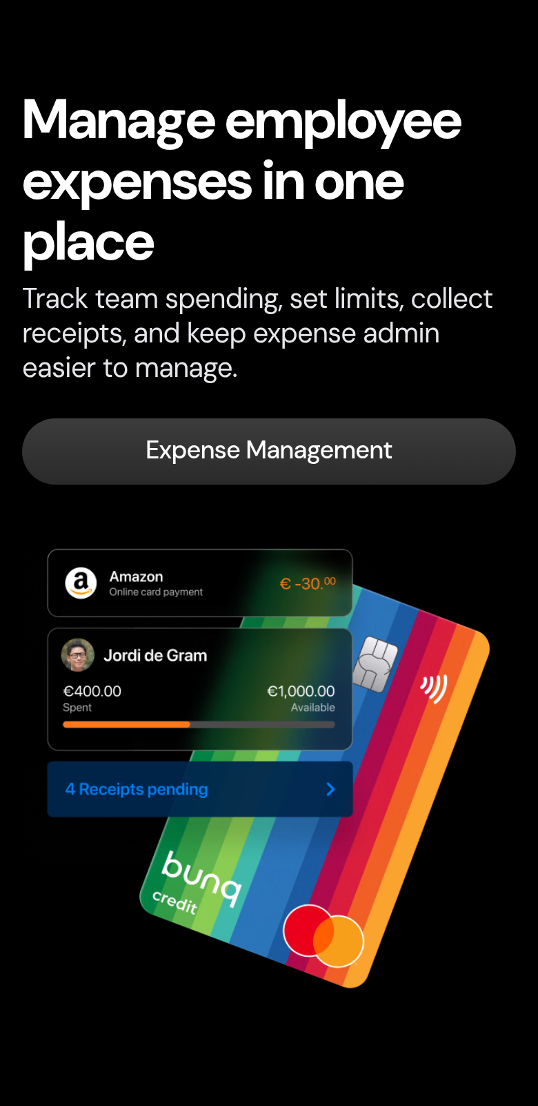 Manage Employee Expenses in One Place section from bunq, on a phone