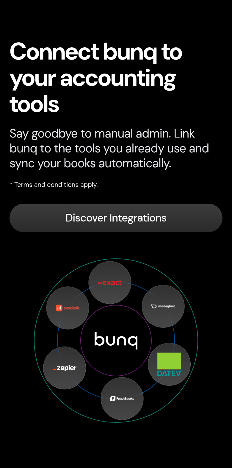 Connect bunq to Your Accounting Tools section from bunq, on a phone