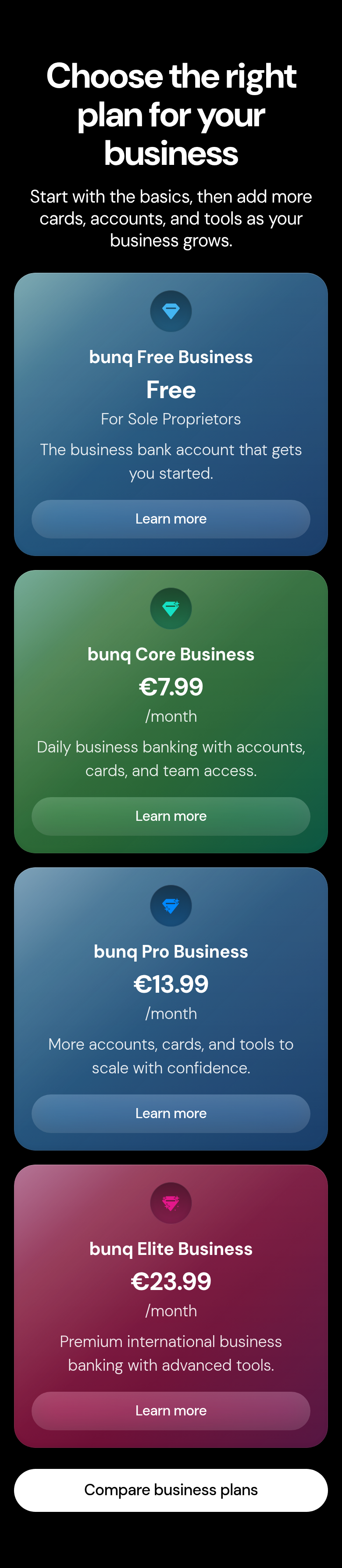 Choose the Right Plan for Your Business section from bunq, on a phone