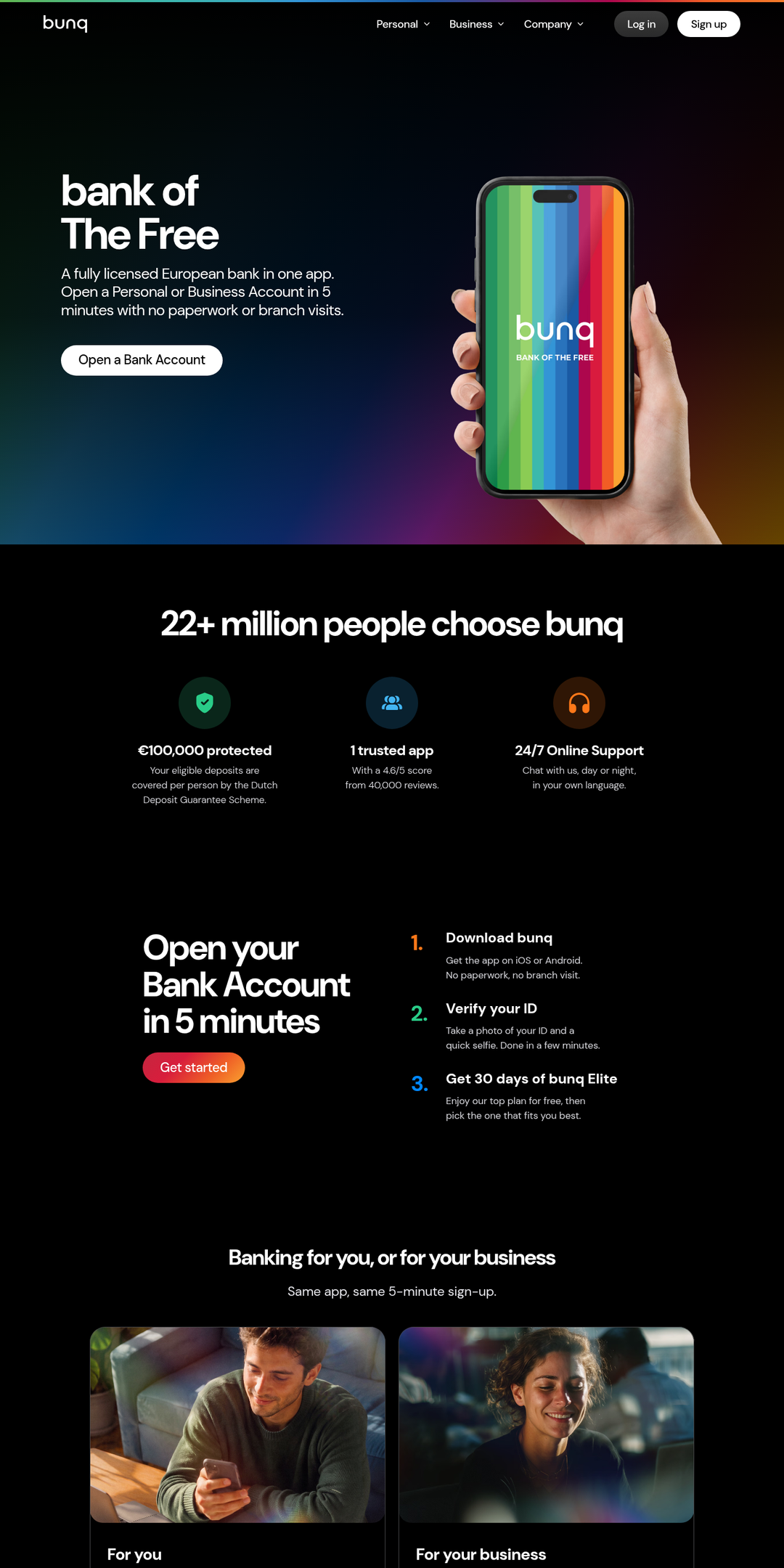 Home page of the bunq website