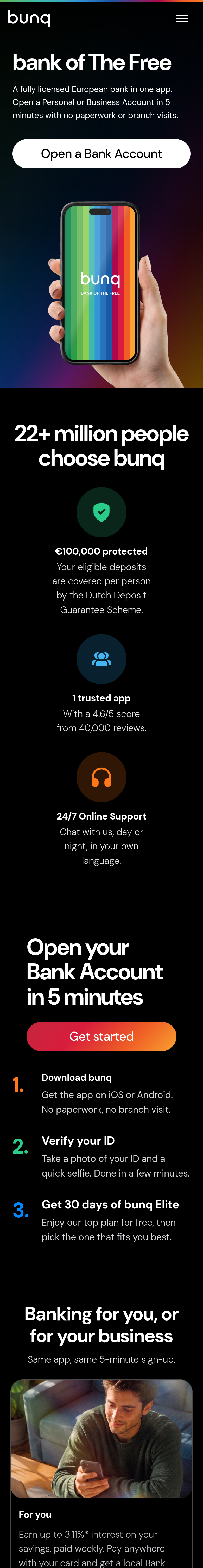 Home page of the bunq website, on a phone