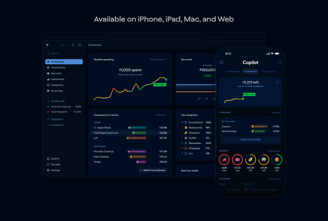 Available on iPhone, iPad, Mac, and Web section from Copilot Money