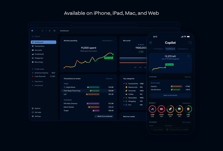 Available on iPhone, iPad, Mac, and Web section from Copilot Money